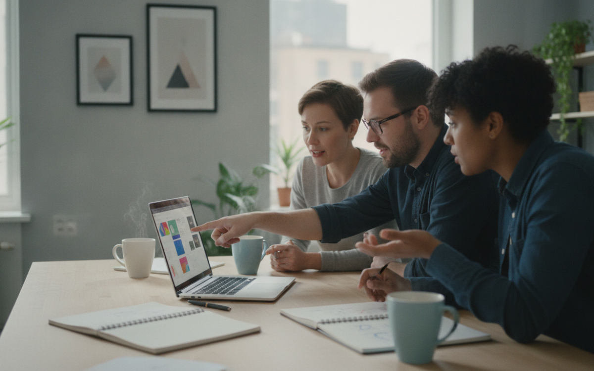 Small team comparing team collaboration tools on a laptop at a tidy desk