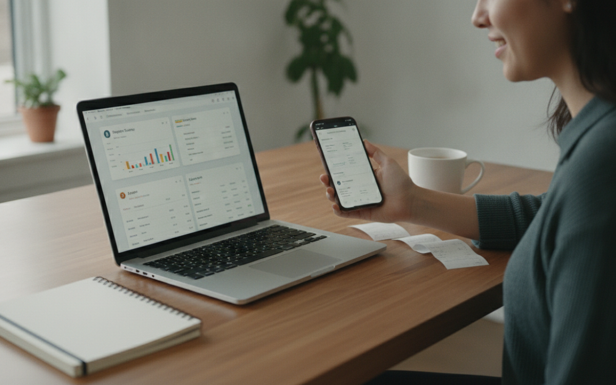 Person at a laptop comparing the best tools for tracking expenses at a tidy desk