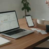 Person at a laptop comparing the best tools for tracking expenses at a tidy desk