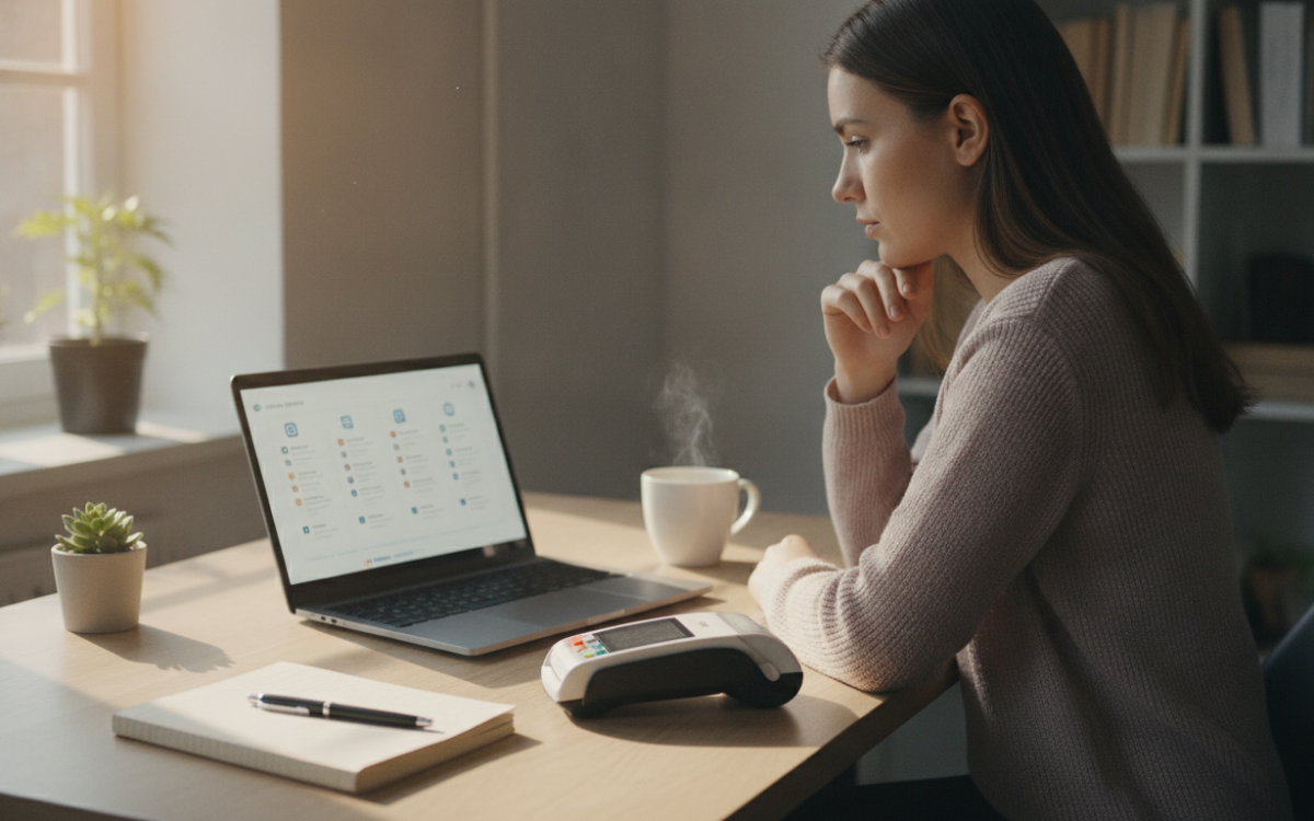Business owner at a laptop choosing a payment processor for their shop