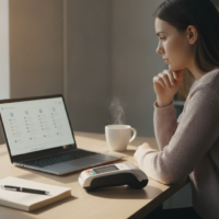 Business owner at a laptop choosing a payment processor for their shop