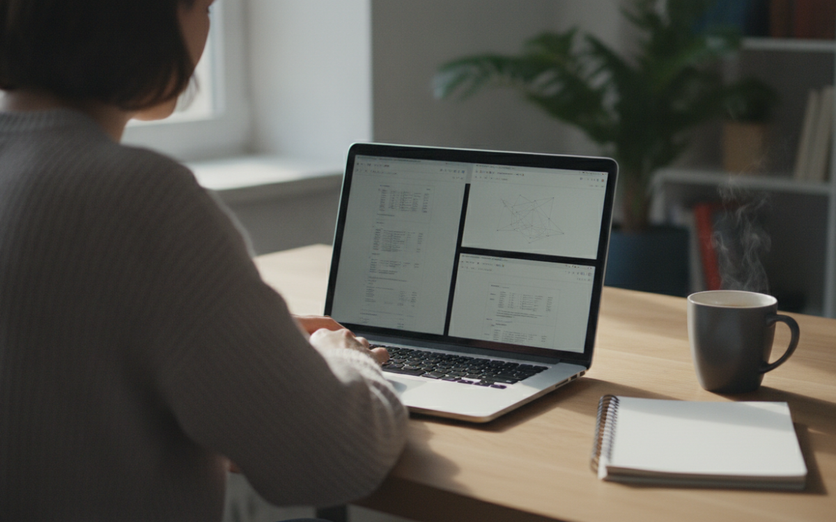 A remote worker at a desk comparing tools for remote work on a laptop