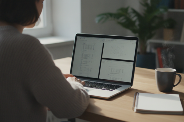 A remote worker at a desk comparing tools for remote work on a laptop