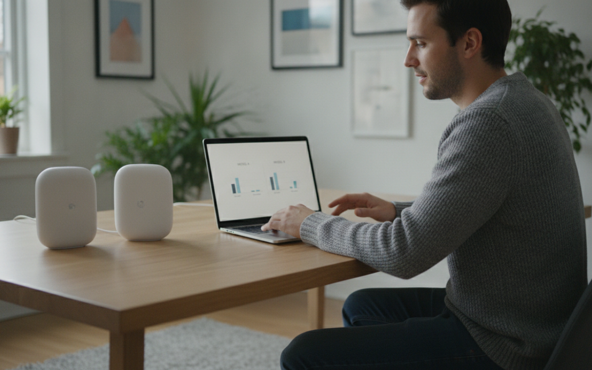 Person comparing devices to choose a reliable router at a home office desk