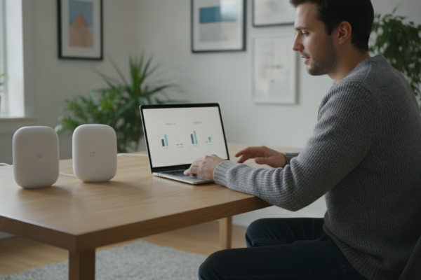Person comparing devices to choose a reliable router at a home office desk