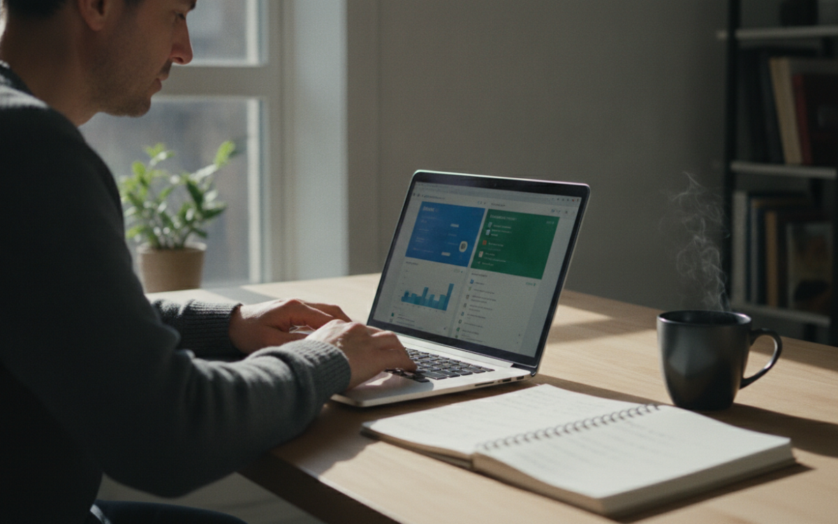 Small business owner comparing invoicing software options on a laptop at a tidy desk