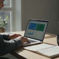 Small business owner comparing invoicing software options on a laptop at a tidy desk