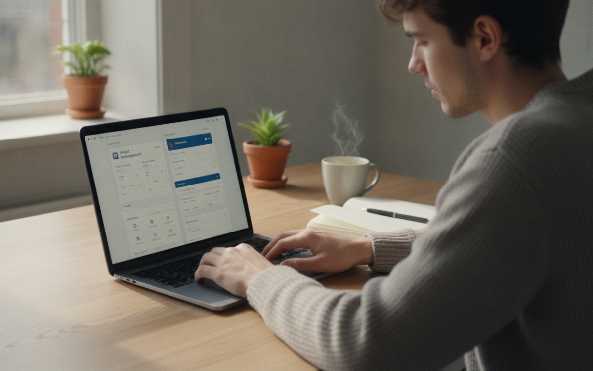 Person at a laptop comparing task management software options on screen