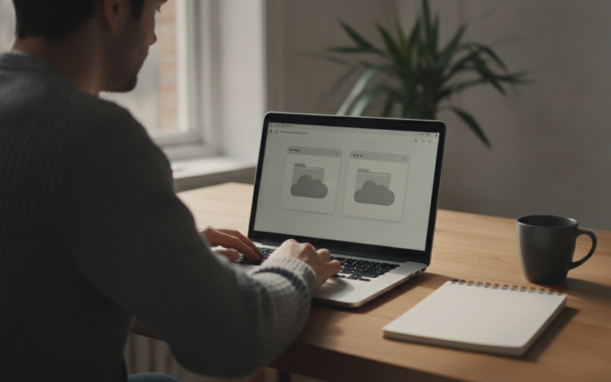 A person at a laptop working to compare cloud storage options at a tidy desk