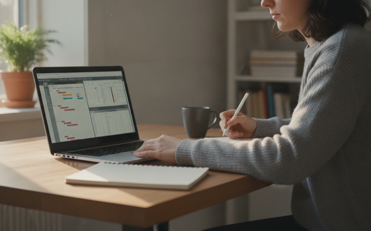 A person reviewing your current tools on a laptop at a clean desk