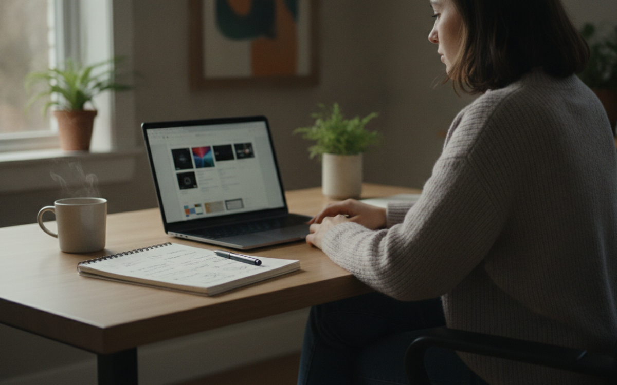 A person at a laptop working to pick a domain name from a short list of ideas