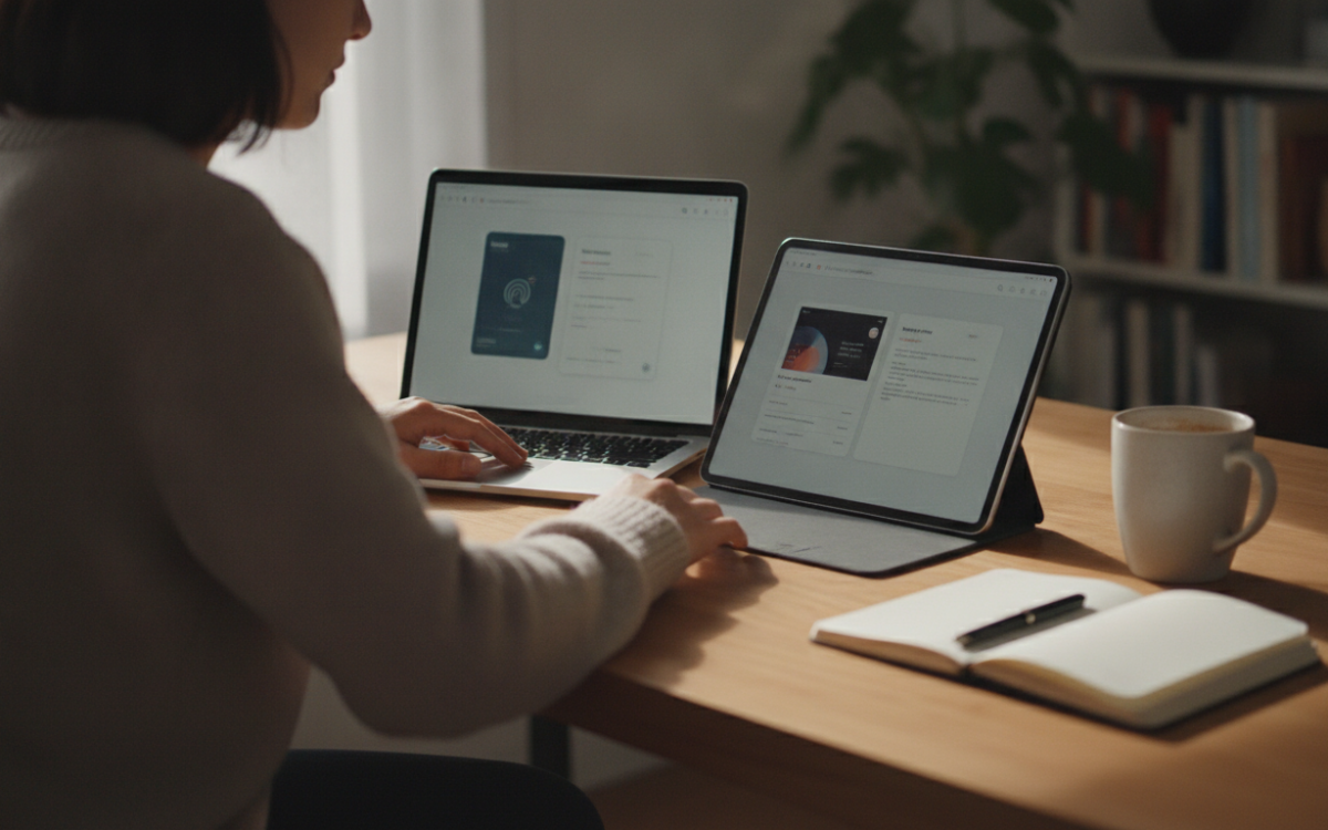Person at a desk comparing options to pick a note taking app on a laptop and tablet