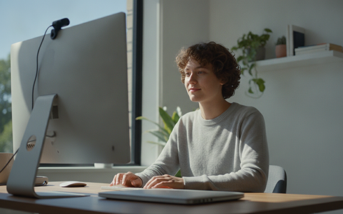 Person at a desk learning how to pick a webcam for meetings with soft front lighting