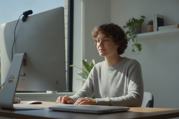Person at a desk learning how to pick a webcam for meetings with soft front lighting