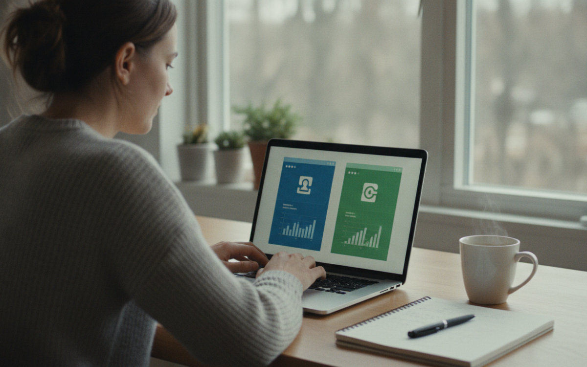 Small business owner comparing payroll software options on a laptop at a tidy desk