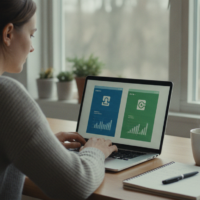 Small business owner comparing payroll software options on a laptop at a tidy desk