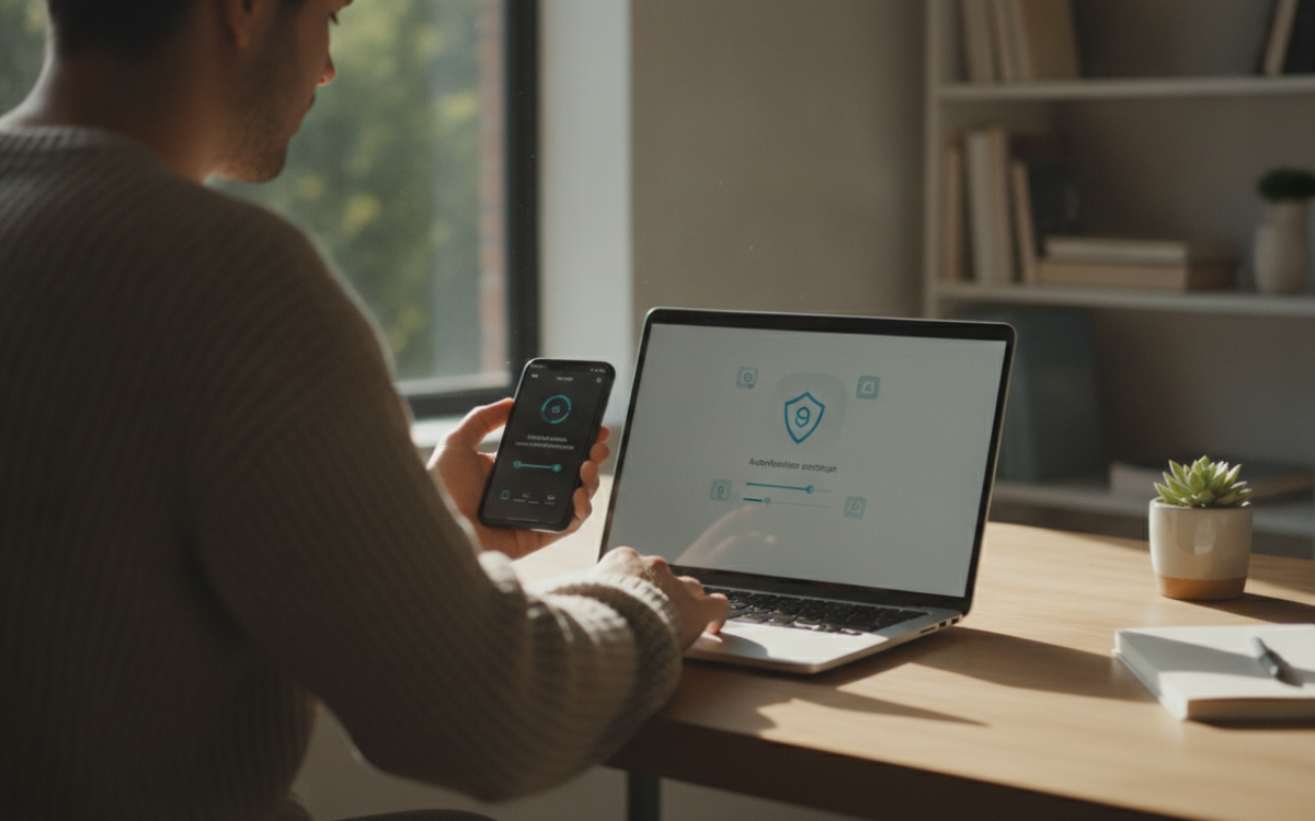 Person setting up two factor authentication on a laptop and phone at a desk