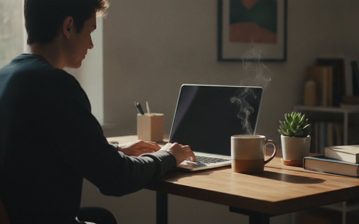 A person at a desk working to speed up a slow laptop