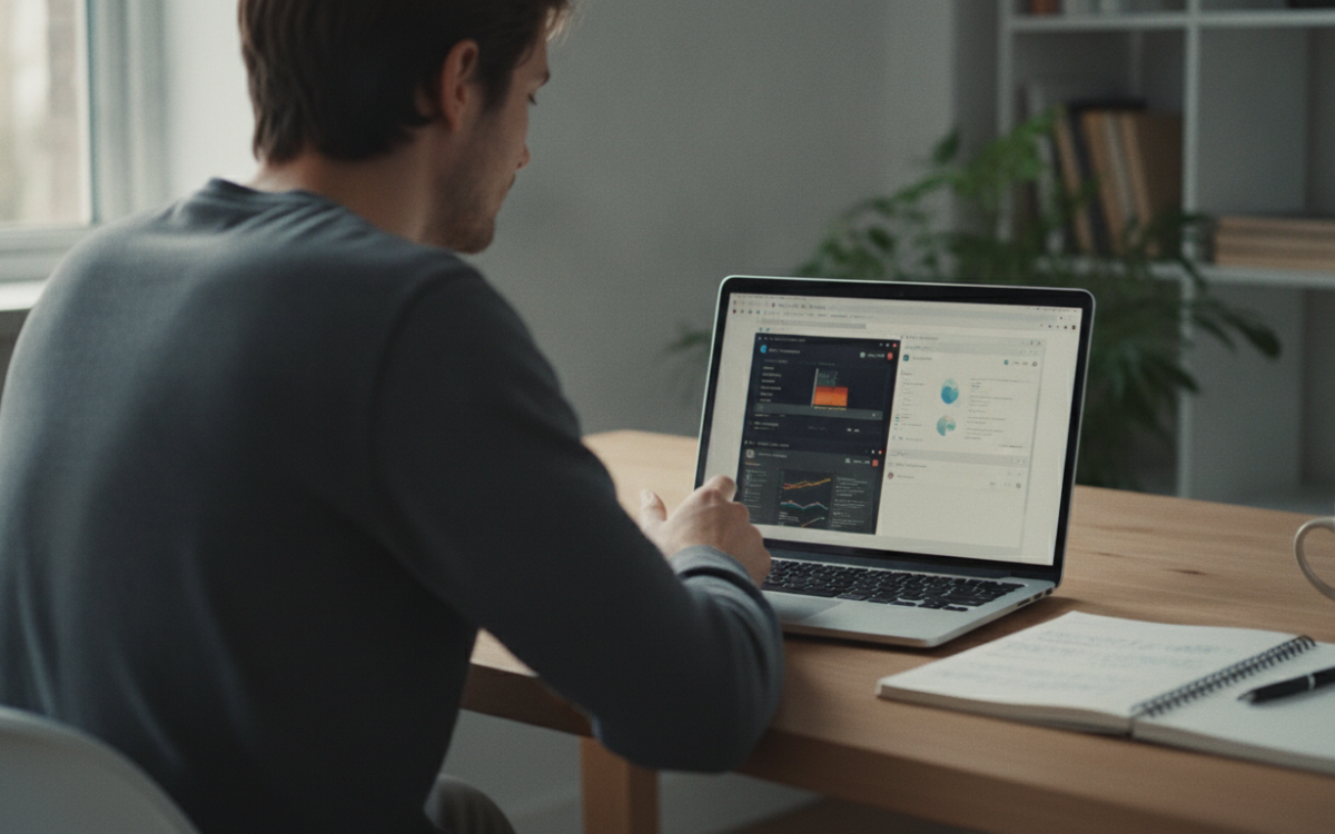 Person at a laptop weighing open source vs paid software options