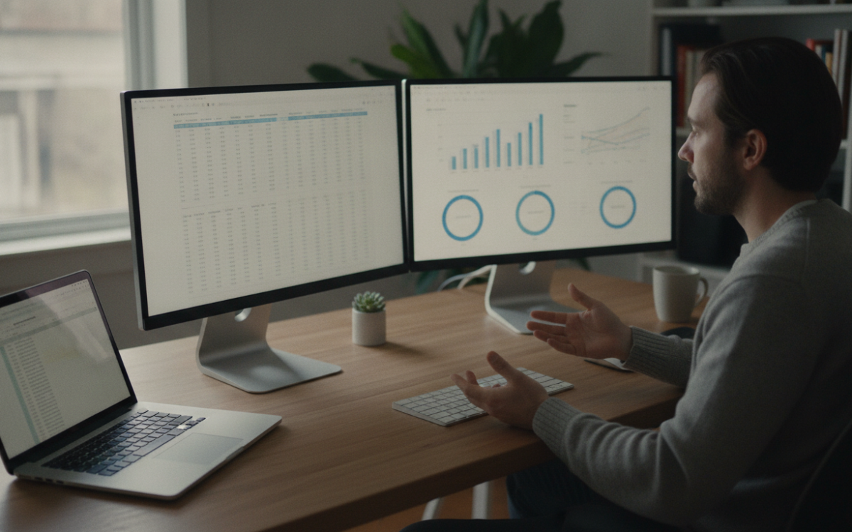 A person comparing two screens to choose the right work monitor for a tidy desk